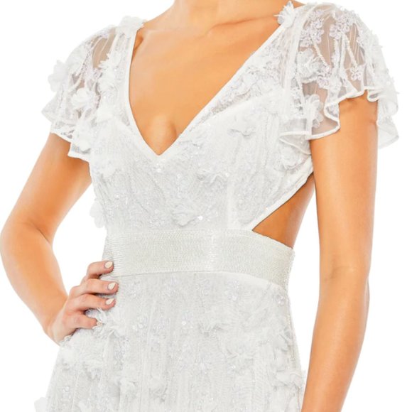 MAC DUGGAL 70275 FLORAL APPLIQUE EMBELLISHED LACE UP BACK FLOWEY WHITE GOWN sz 4 - Picture 3 of 7